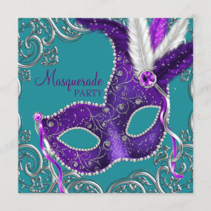 Elegant lila och turkosblå maskeradfest inbjudningar
