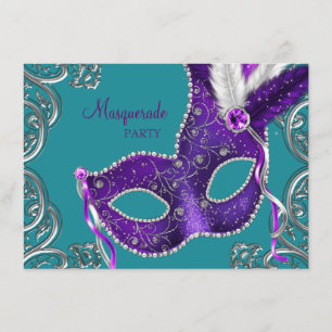 Elegant lila och turkosblå maskeradfest inbjudningar