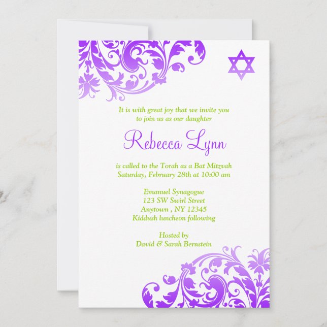 Elegant Lila Ombre Flourish Bat mitzvah Inbjudningar (Framsida)