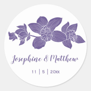 Elegant Lila Orchids Blommigt Wedding Stickers Runt Klistermärke