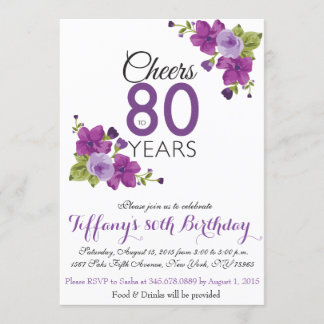 Elegant Lila Paint Flower 80 Birthday Inbjudan