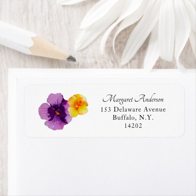Elegant Lila Pansy Blommigt Returadress Etikett (Insitu)