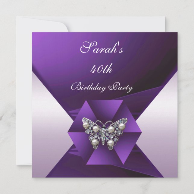 Elegant Lila Pärla Smycke 40-årsdag Inbjudningar (Framsida)