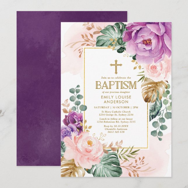 Elegant Lila Peach Tropical Greenery Baptism Inbjudningar (Fram/baksida)
