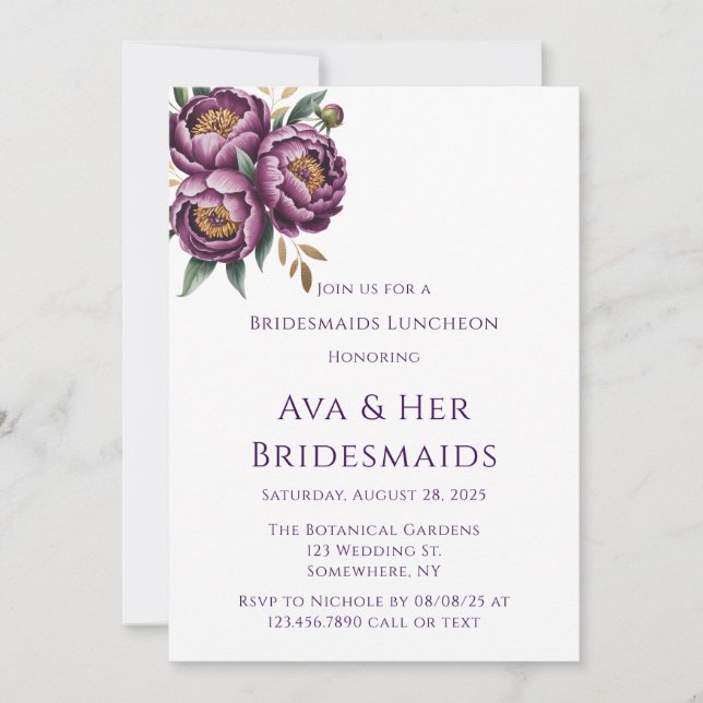 Elegant Lila Peonies Bridesmaids Luncheon Inbjudningar (Framsida)