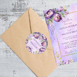 Elegant lila peonies lilac wisteria bröllop runt klistermärke<br><div class="desc">Elegant lila bröllop möhippa bordsvara personlig etiketter vattenfärgsfärg,  lilak lila peonier och wisteria blomblommor blommar etiketter</div>