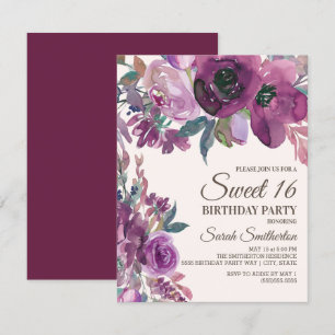 Elegant Lila Plommon Lila Blommig Skrift Sweet 16 Inbjudningar