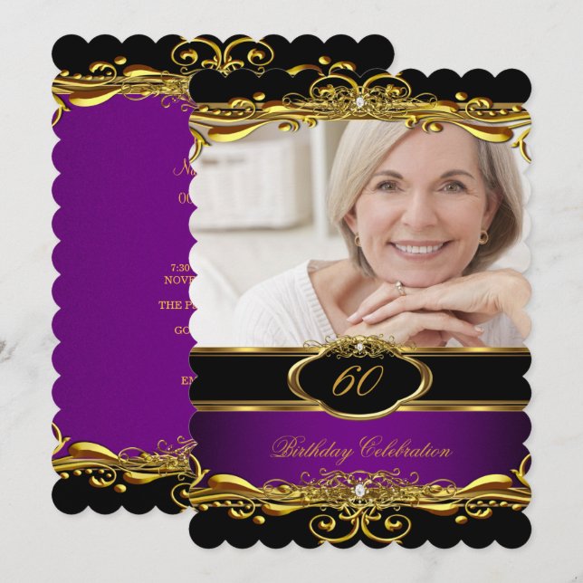 Elegant Lila Plum Black Guld 60:e Födelsedagsfeste Inbjudningar (Fram/baksida)