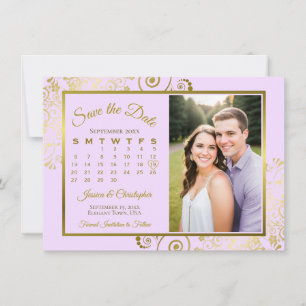Elegant lila purpur & guld kalender foto bröllop spara datumet