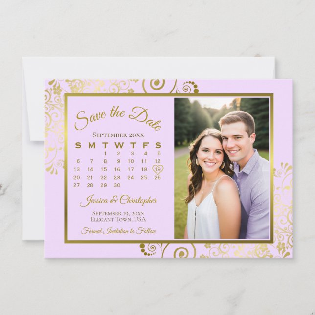 Elegant lila purpur & guld kalender foto bröllop spara datumet (Framsida)