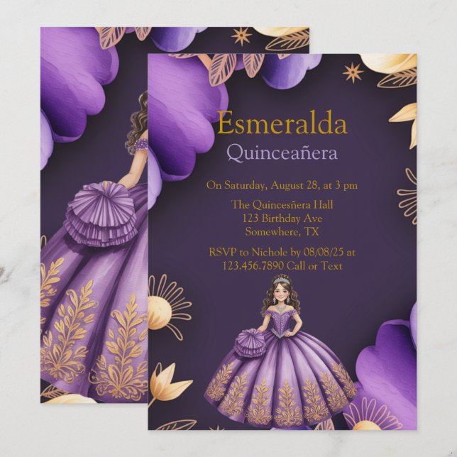 Elegant Lila Quinceañera Girl Art Inbjudningar (Fram/baksida)