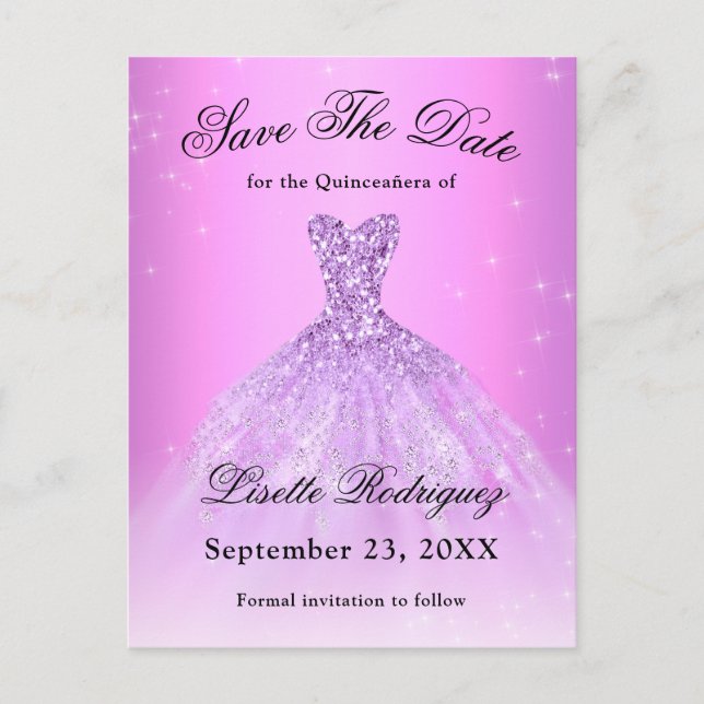 Elegant lila Quinceanera Spara Datum Vykort (Framsida)
