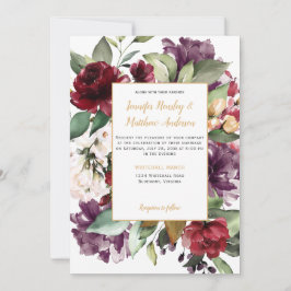 Elegant Lila Red Guld Blommigt Explosion Bröllop Inbjudningar