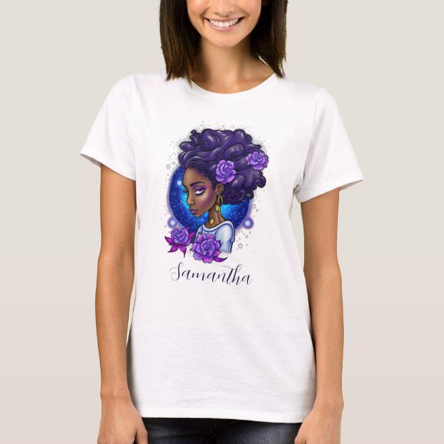 Elegant Lila Ro Afro Woman T Shirt (Framsida)
