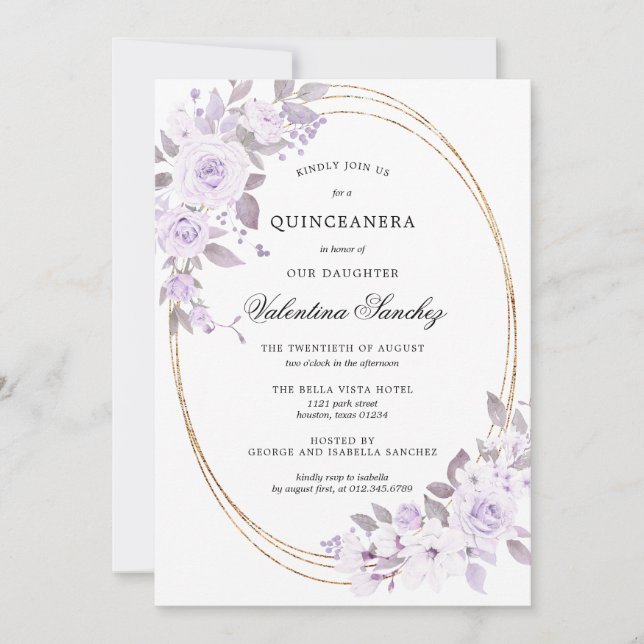 Elegant  Lila Ro blommigt Quinceanera Inbjudningar (Framsida)