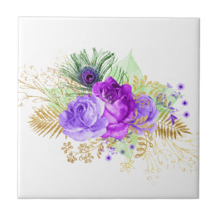 Elegant Lila Ro Flower Guld Löv Blommigt Kakelplatta