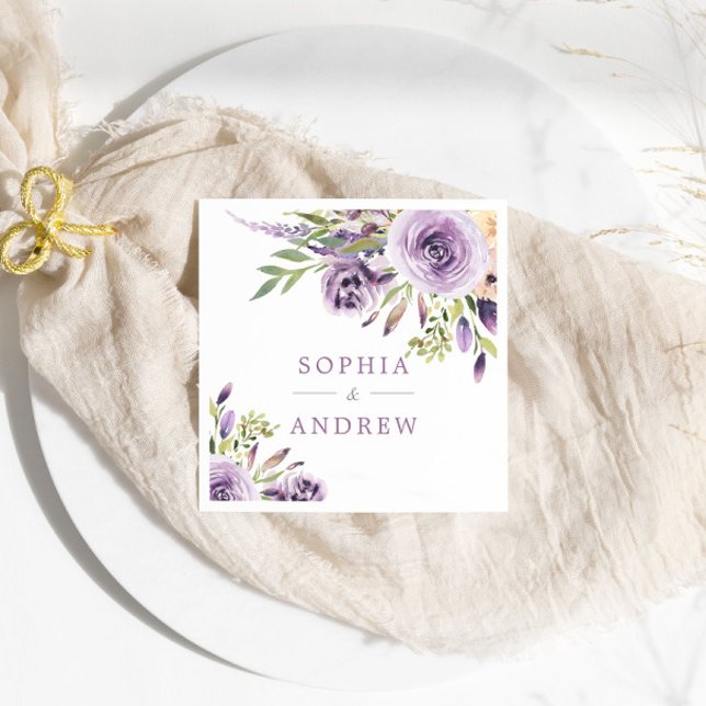 Elegant Lila Ro Flowers Bröllop Napkins Pappersservett (Skapare uppladdad)