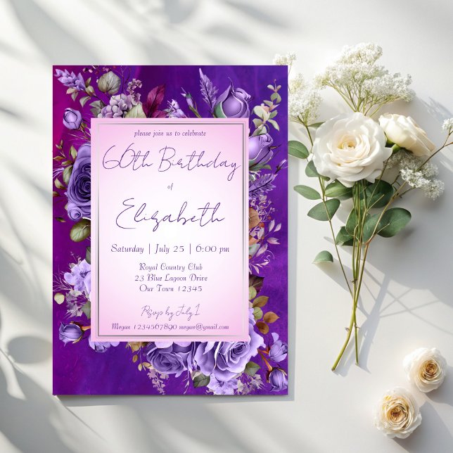 Elegant lila ro födelsedagsfest inbjudningar (Elegant purple lilac roses adults birthday party invitation cards template floral party invitations)