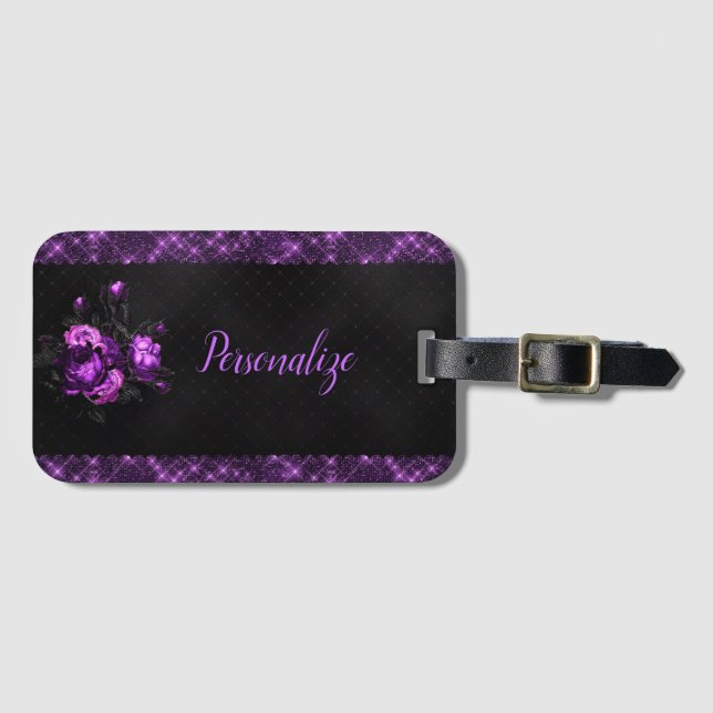 Elegant Lila Ro & Gräns på Black Personalize Bagagebricka (Framsida horisontal)