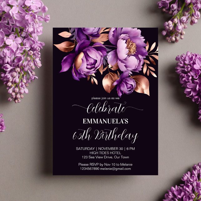 Elegant lila ro guld blommigt födelsedagsmall inbjudningar (Elegant purple rose gold peony floral birthday party editable template invitation digital download )