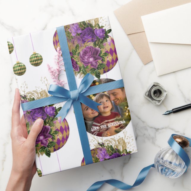 Elegant Lila Ro och Bauble jul Photo Presentpapper (Gifting)