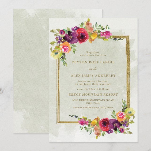 Elegant Lila Röd Blommig Gröna blad Guld Inbjudningar (Fram/baksida)