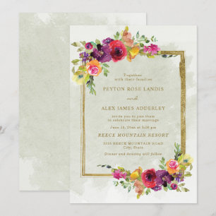 Elegant Lila Röd Blommig Gröna blad Guld Inbjudningar