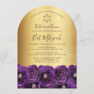 Elegant lila ros blomsterguld Bat Mitzvah Inbjudningar