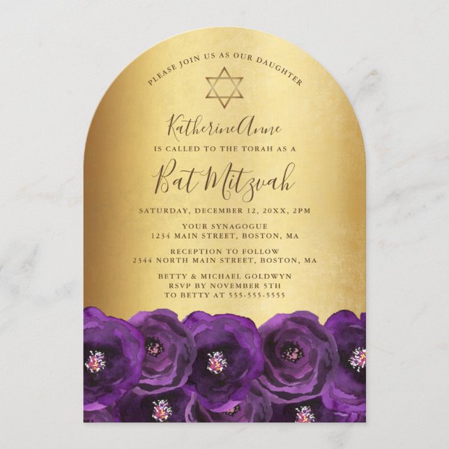 Elegant lila ros blomsterguld Bat Mitzvah Inbjudningar (Framsida)