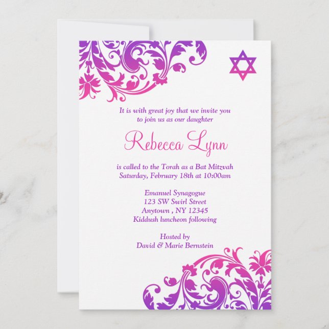 Elegant Lila Rosa  Bat mitzvah blomma Inbjudningar (Framsida)