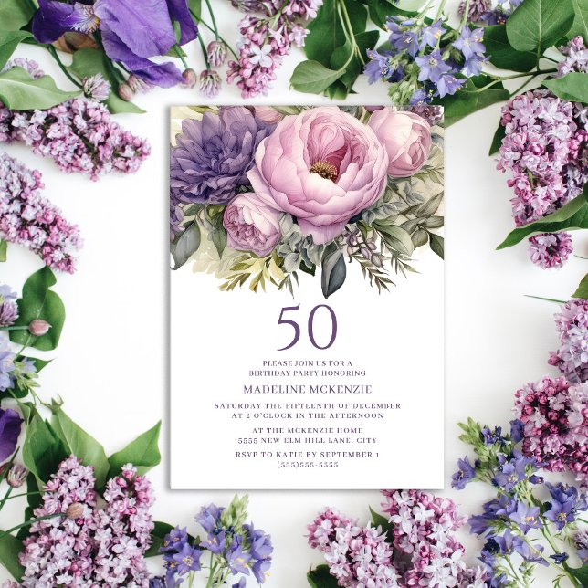 Elegant lila rosa blommig 50-årsdag inbjudningar (Purple peonies 50th birthday party invitation for women
)