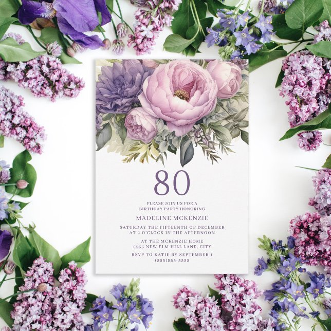 Elegant lila rosa blommig 80-årsdag inbjudningar (Elegant purple peonies botanical birthday party invitation for her.)