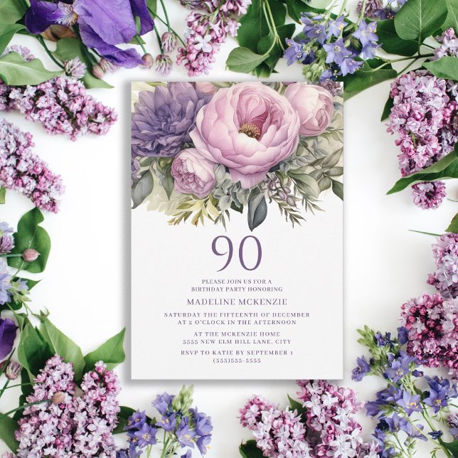 Elegant lila rosa blommig 90-årsdag inbjudningar (Purple floral 90th birthday party invitation)