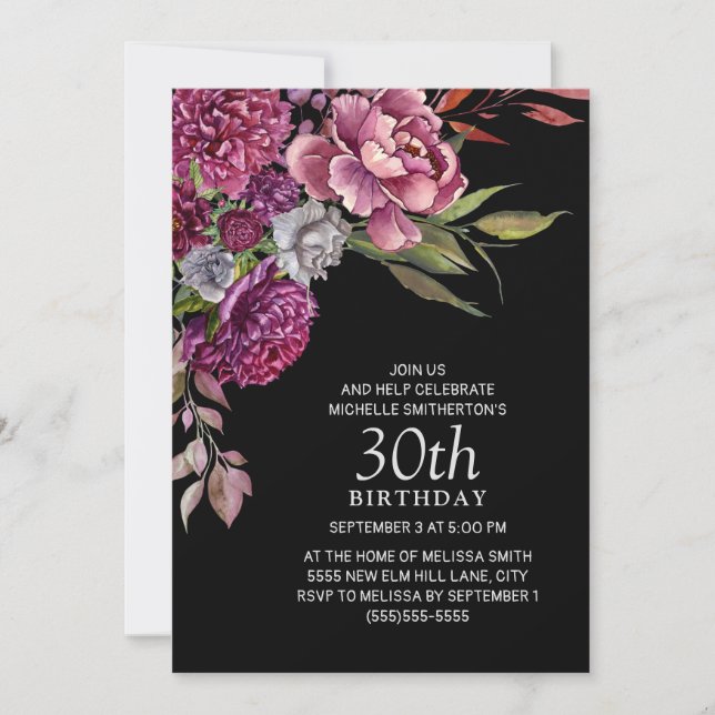 Elegant lila rosa blommig svart 30-årsdag inbjudningar (Framsida)