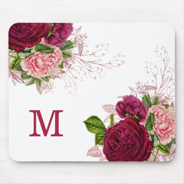 Elegant lila rosa blommig vit monogram musmatta (Framsidan)