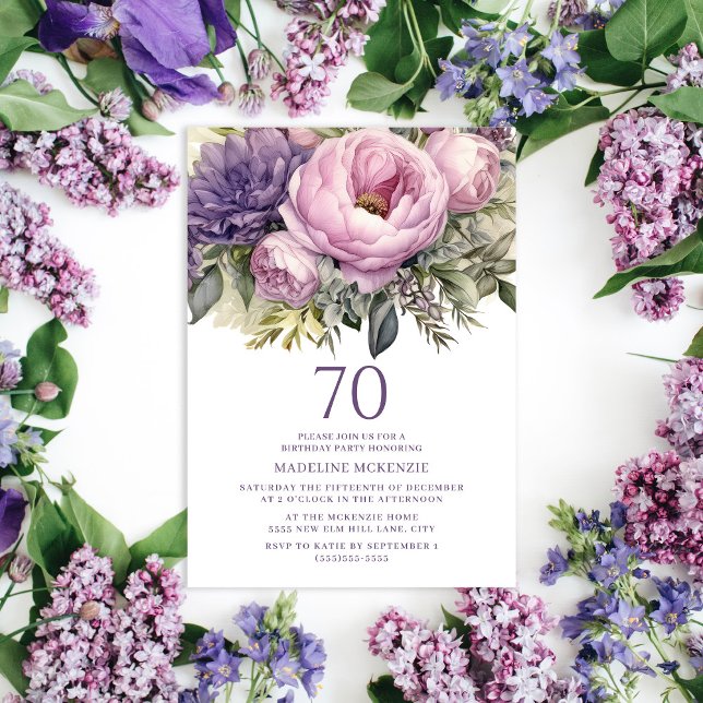 Elegant Lila Rosa Blommigt 70:e födelsedag Inbjudningar (Purple floral and greenery botanical 70th birthday party invitation for women.)