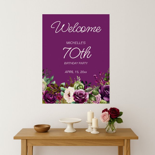 Elegant Lila Rosa Blommigt 70:e födelsedag Poster (Elegant purple and pink watercolor floral 70th birthday party Welcome poster)