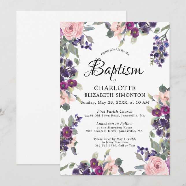 Elegant Lila Rosa Blommigt  Baptism och nutrition Inbjudningar (Fram/baksida)