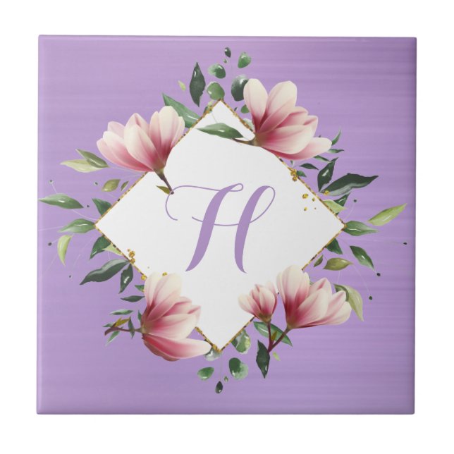 Elegant Lila Rosa Blommigt  Flower Monogram Initia Kakelplatta (Framsidan)