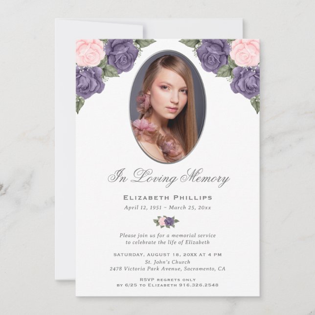 Elegant Lila Rosa Blommigt Photo Memorial Service Inbjudningar (Framsida)