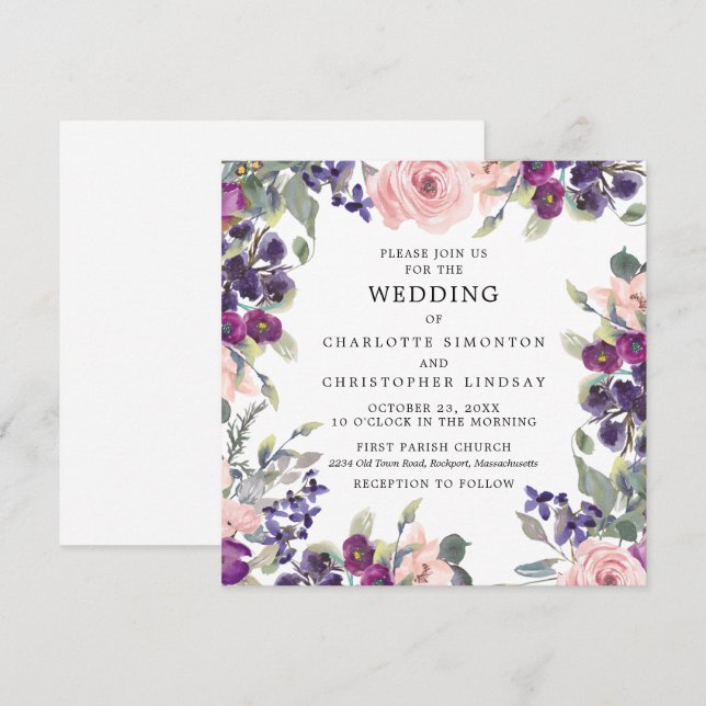 Elegant Lila Rosa Blommigt Square Bröllop Inbjudningar (Fram/baksida)