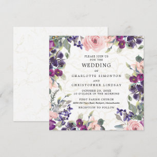 Elegant Lila Rosa Blommigt Square Bröllop Inbjudningar