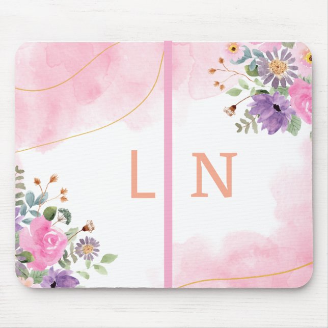 Elegant lila rosa blomster monogram initialtidskri musmatta (Framsidan)