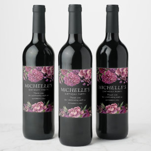 Elegant lila rosa blomster svart födelsedag vinflaska etikett