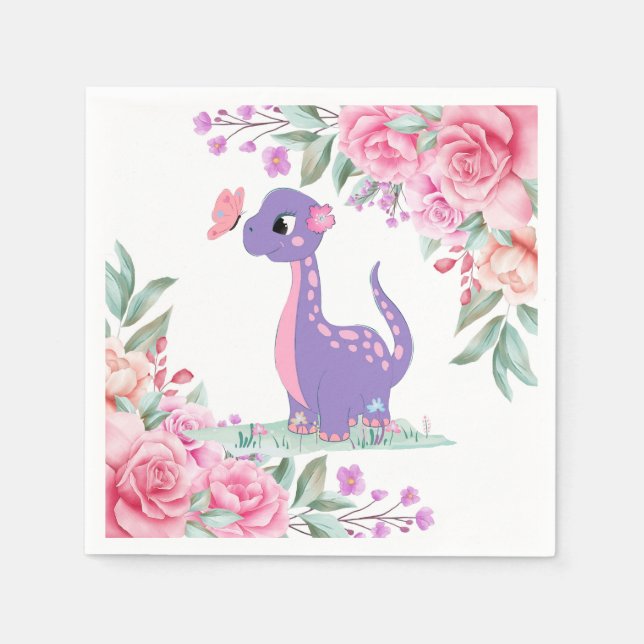 Elegant Lila Rosa Dinosaur Butterfly Baby Shower Pappersservett (Framsidan)