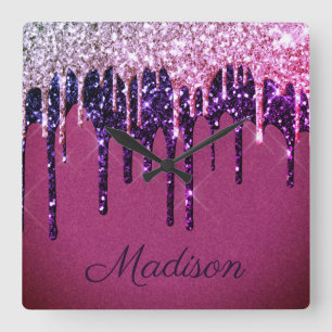 Elegant Lila Rosa Dripping Glitter Monogram Fyrkantig Klocka