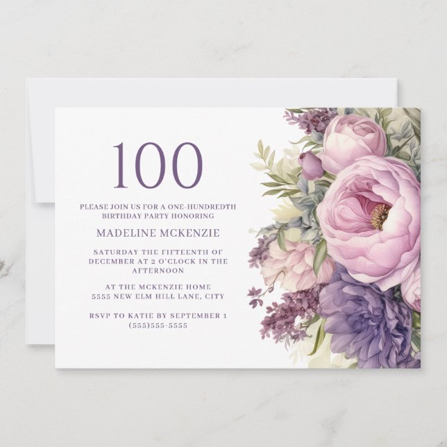 Elegant Lila Rosa Flowers 100:e födelsedagen Inbjudningar (Framsida)