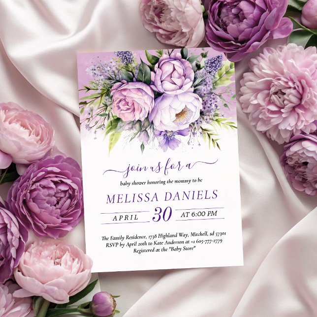 Elegant Lila & Rosa Garden Flowers Baby Shower Inbjudningar (Elegant Purple & Pink Garden Flowers Baby Shower Invitation)
