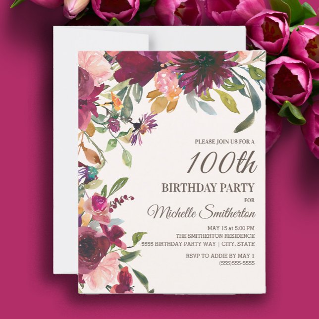Elegant lila rosa guld blommig 100-årsdag inbjudningar (Burgundy and pink watercolor floral 100th birthday party invitation.)