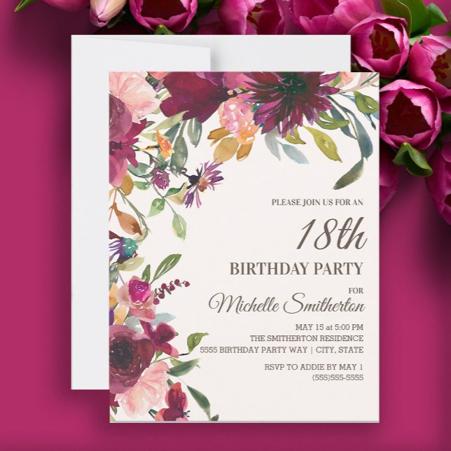 Elegant lila rosa guld blommig 18-årsdag inbjudningar (Burgundy and pink floral 18th birthday party invitation)